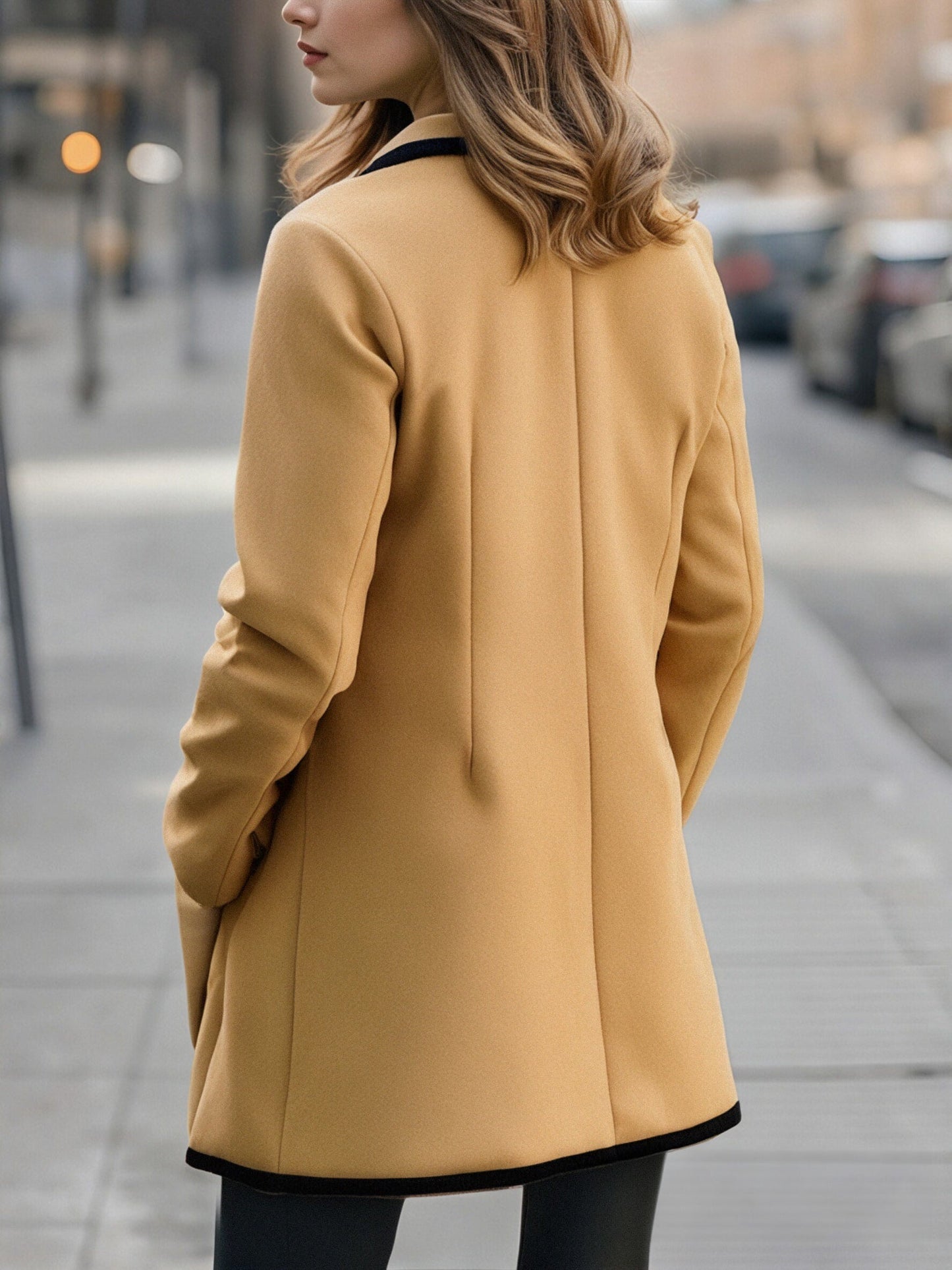 Allegra Chique dames winterjas met zwarte bies – double-breasted mantel met elegante pasvorm