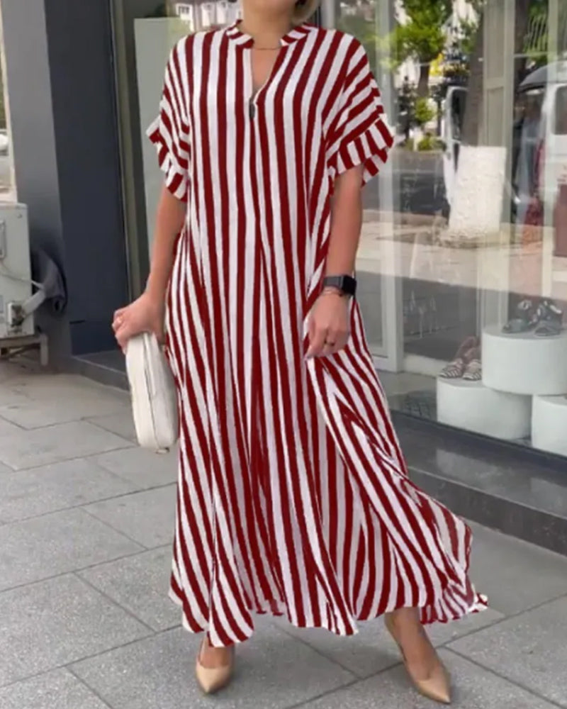 Valentina Jurk | Gestreepte Maxi Damesjurk met V-Hals en Oversized Pasvorm