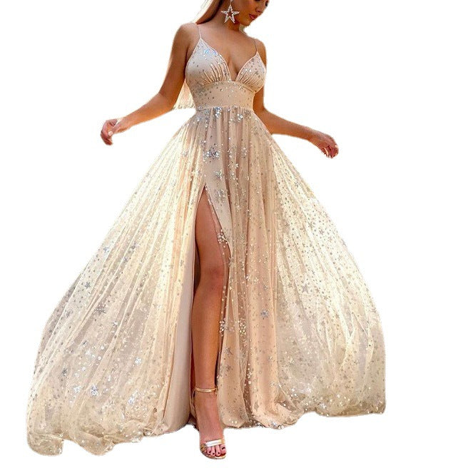 Aurora Avondjurk | Chiffon Dames Jurk met Pailletten en Hoge Split