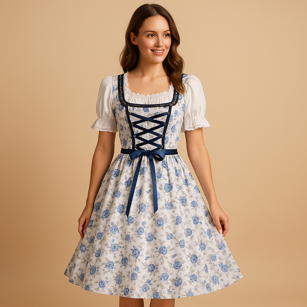 Christy Dirndl Jurk | Blauwe Oktoberfest-jurk met Kanten Details en Bijpassend Schort