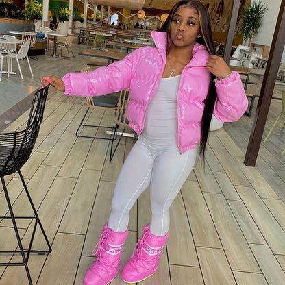 Awiti Cropped Pufferjas | Glanzende PU-Leren Winterjas met Edgy Look