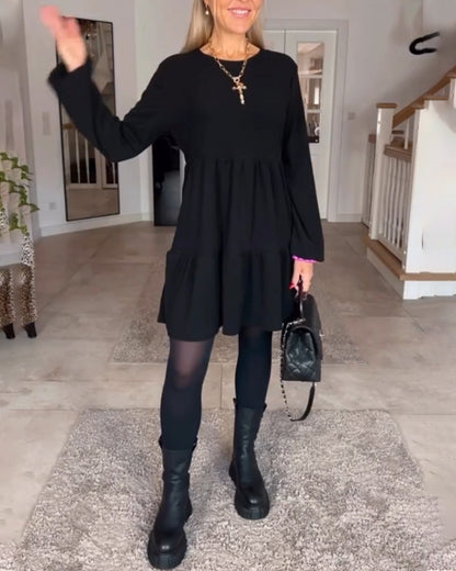 Julietta Jurk | Retro A-lijn Jurk met Ronde Hals en Lange Mouwen