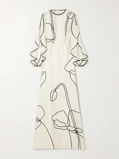 Giuliana Jurk | Avondjurk met Bloemenprint, Gerimpelde Mouwen en Falbala-Details