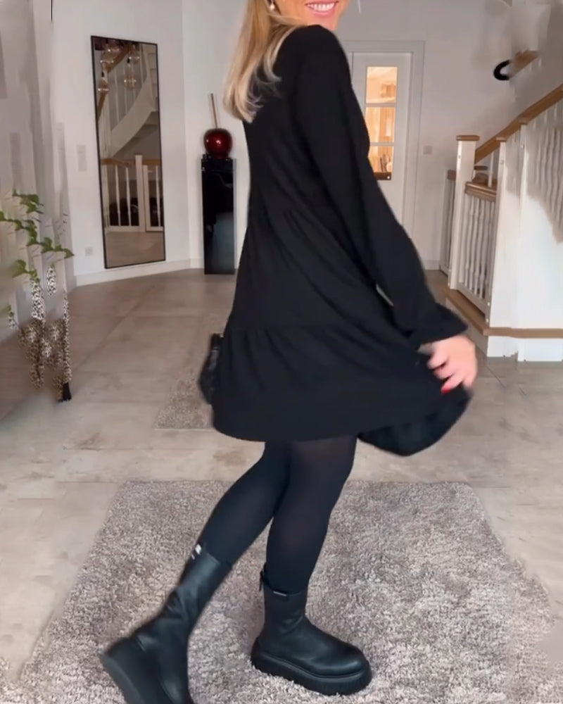 Julietta Jurk | Retro A-lijn Jurk met Ronde Hals en Lange Mouwen