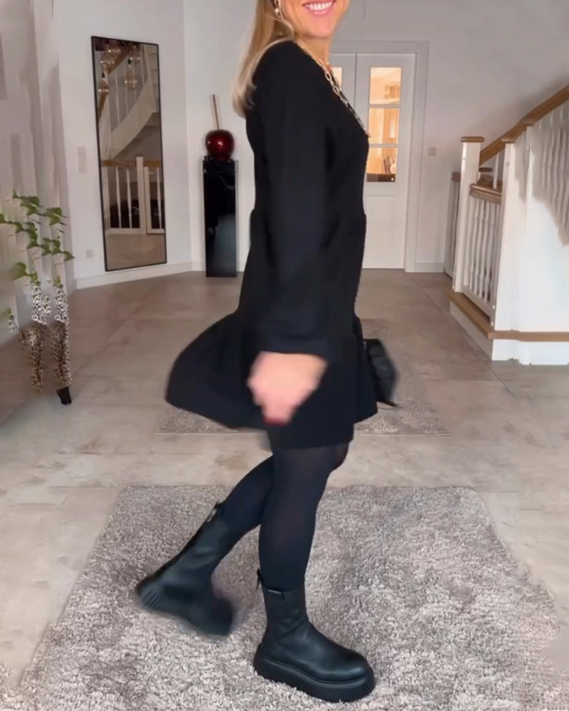 Julietta Jurk | Retro A-lijn Jurk met Ronde Hals en Lange Mouwen