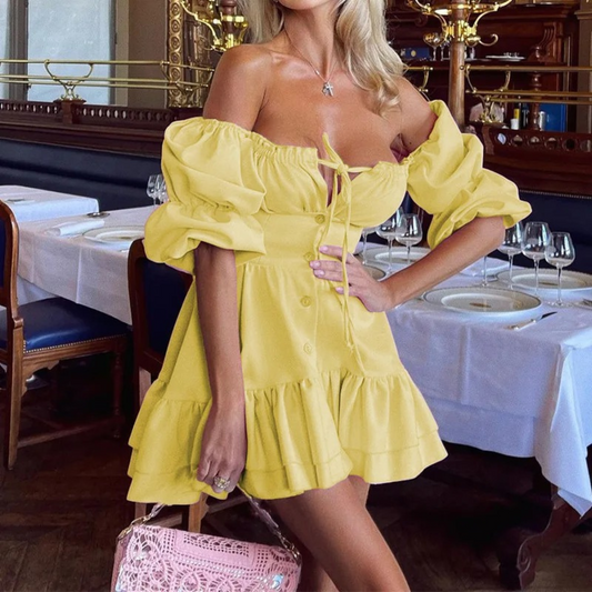 Luna Jurk | Off-shoulder Mini-jurk met Pofmouwen voor Dames