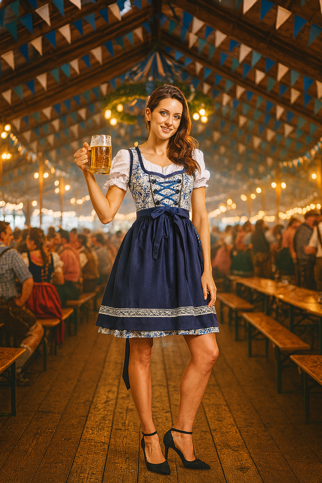 Christy Dirndl Jurk | Blauwe Oktoberfest-jurk met Kanten Details en Bijpassend Schort