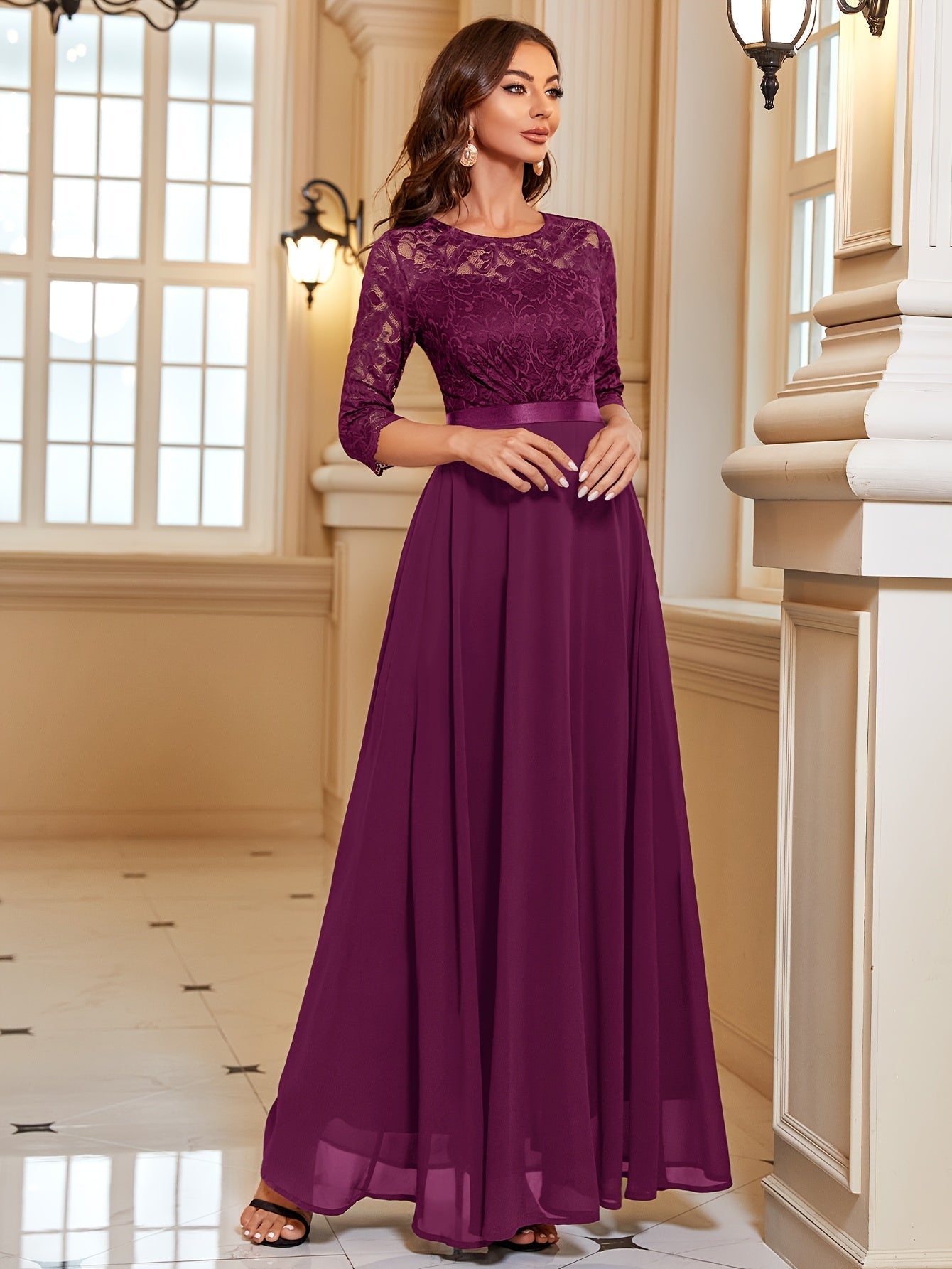 Angelina Jurk | Maxi-jurk met Kanten Bovenwerk, Chiffon Rok en 3/4-Mouwen