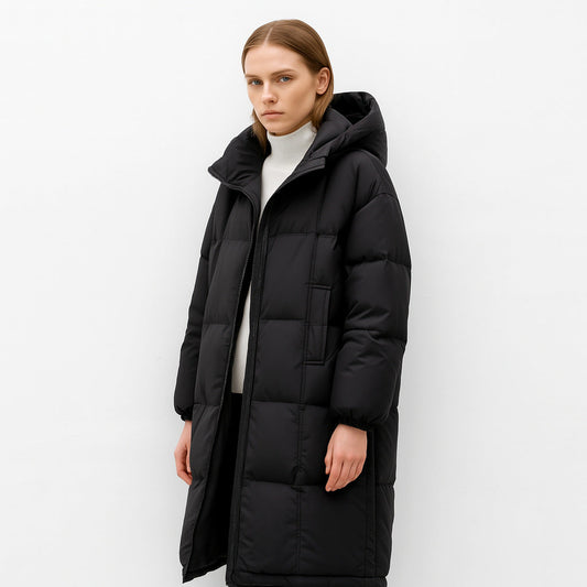 Chiara Dames lange gewatteerde winterjas – warme jas met capuchon en ritszakken
