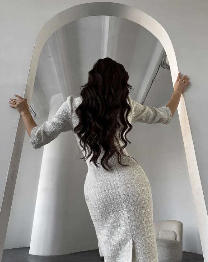 Nora Jurk | Chique Structuur Tweed Jurk met Tijdloze Snit en Elegante Pasvorm