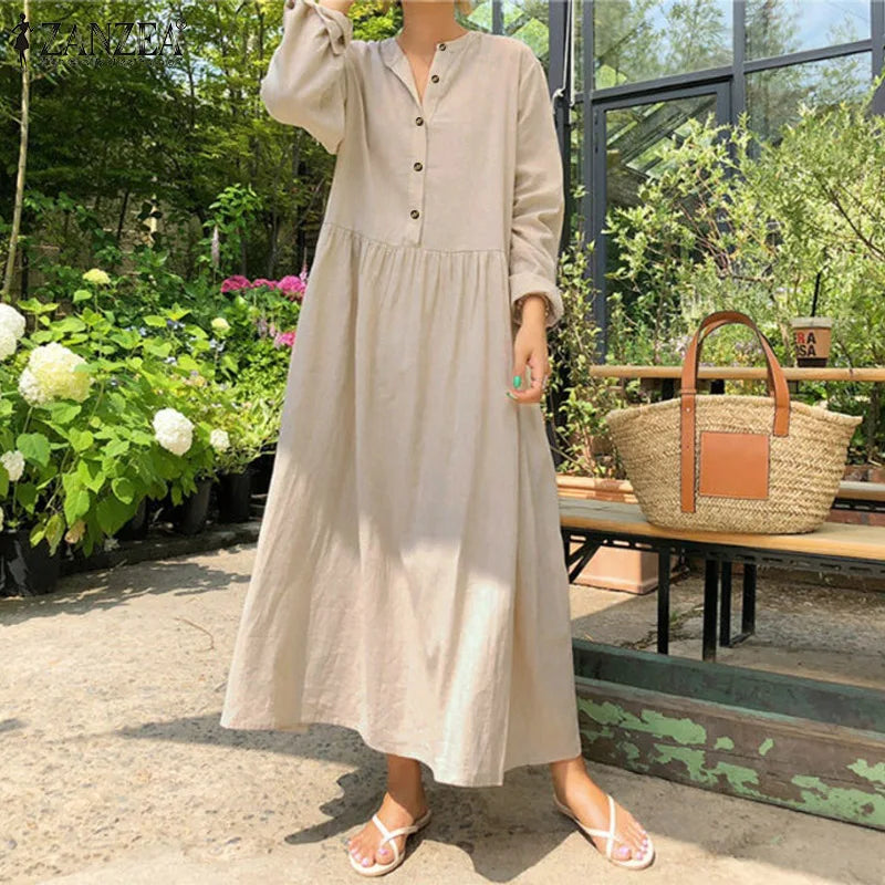 Isadora Jurk | Oversized Katoenen Overhemdjurk met Lange Mouwen en Bohemian Maxi Look
