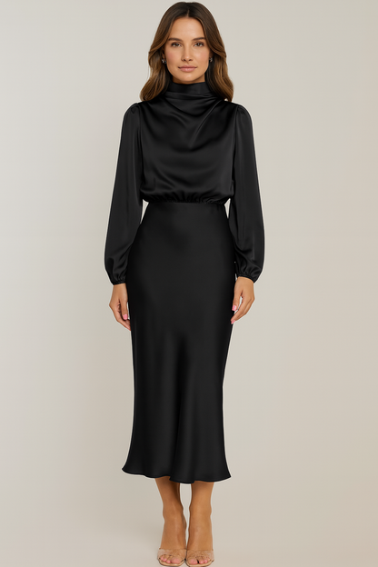 Isabella satijnen jurk – luxe lange jurk met lange mouwen en elegante pasvorm