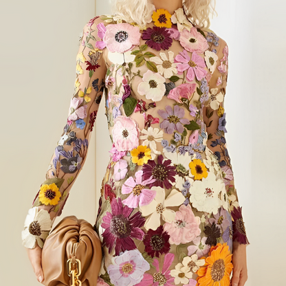 Camilla | Midi-Jurk met Hoge Hals en Geborduurde Bloemenstof