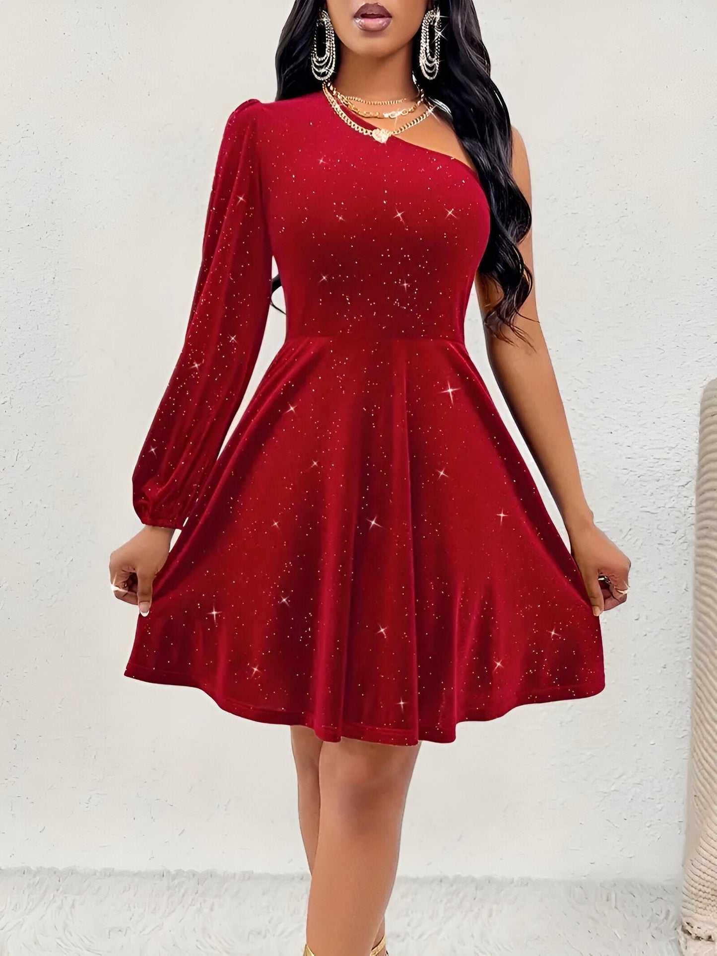 Serena One-Shoulder Dress | Damesjurk met Chic Eén-Schouder Design, A-lijn Pasvorm en Speelse Ruches