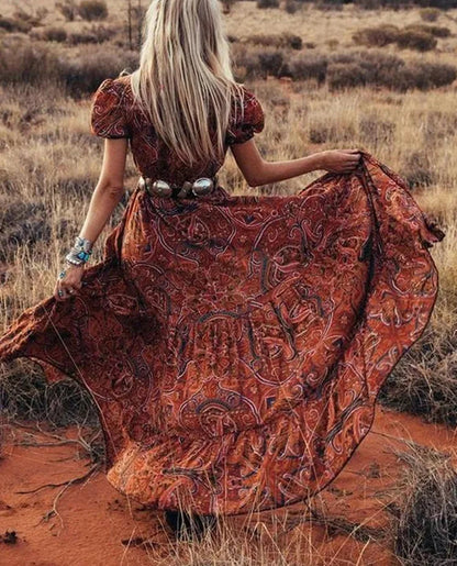 Isabella Jurk | Bohemian Maxi-jurk met Paisley Patroon, Tailleband en Hoge Split
