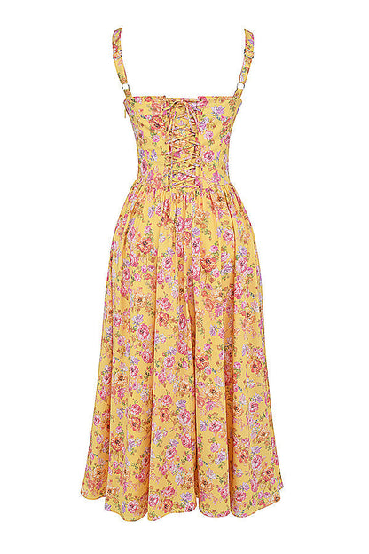 Sofia Jurk | Gele Midi Zomerjurk met Bloemenprint en Verstelbare Bandjes